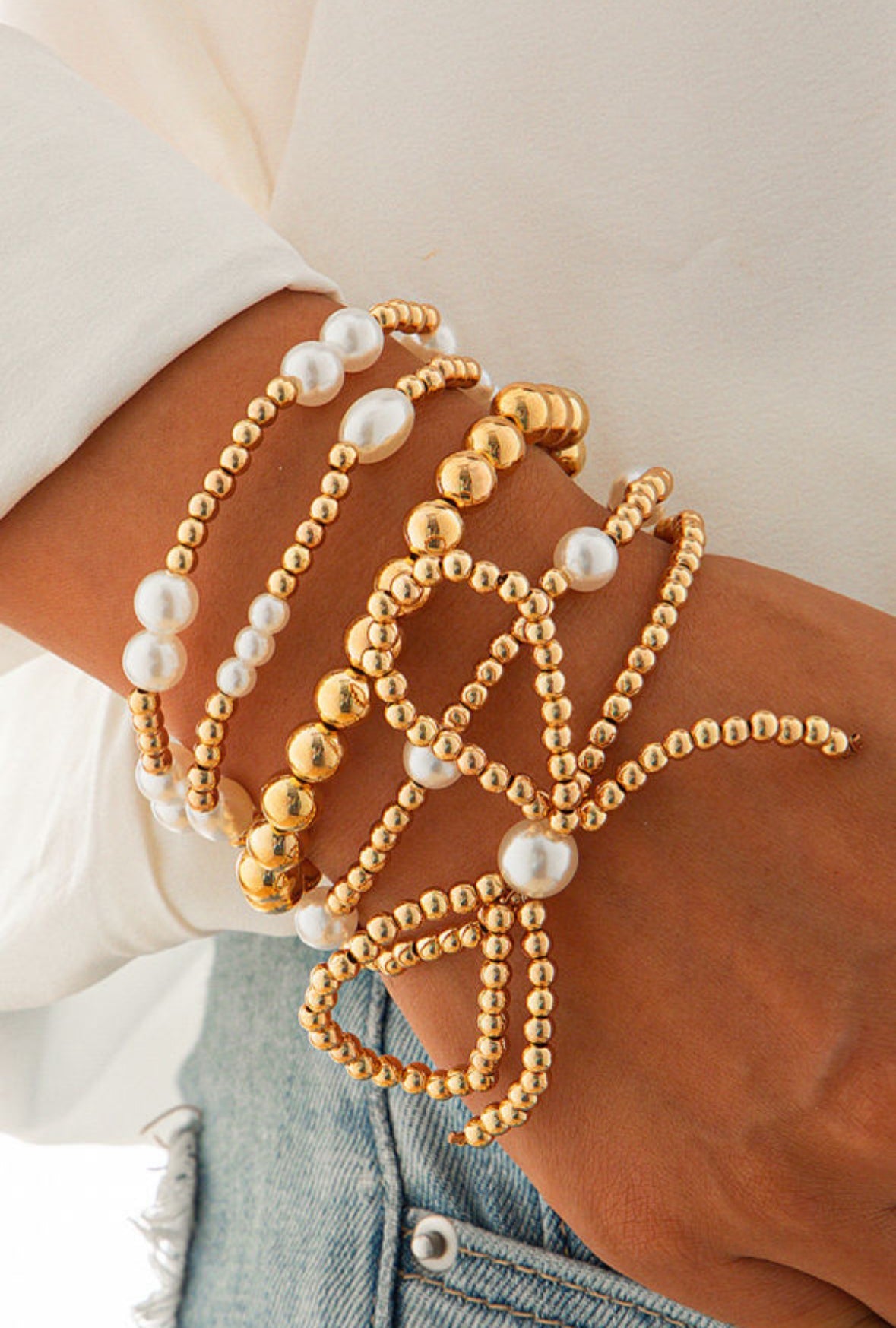 Gold Pearl Bow Bracelet Stack LT